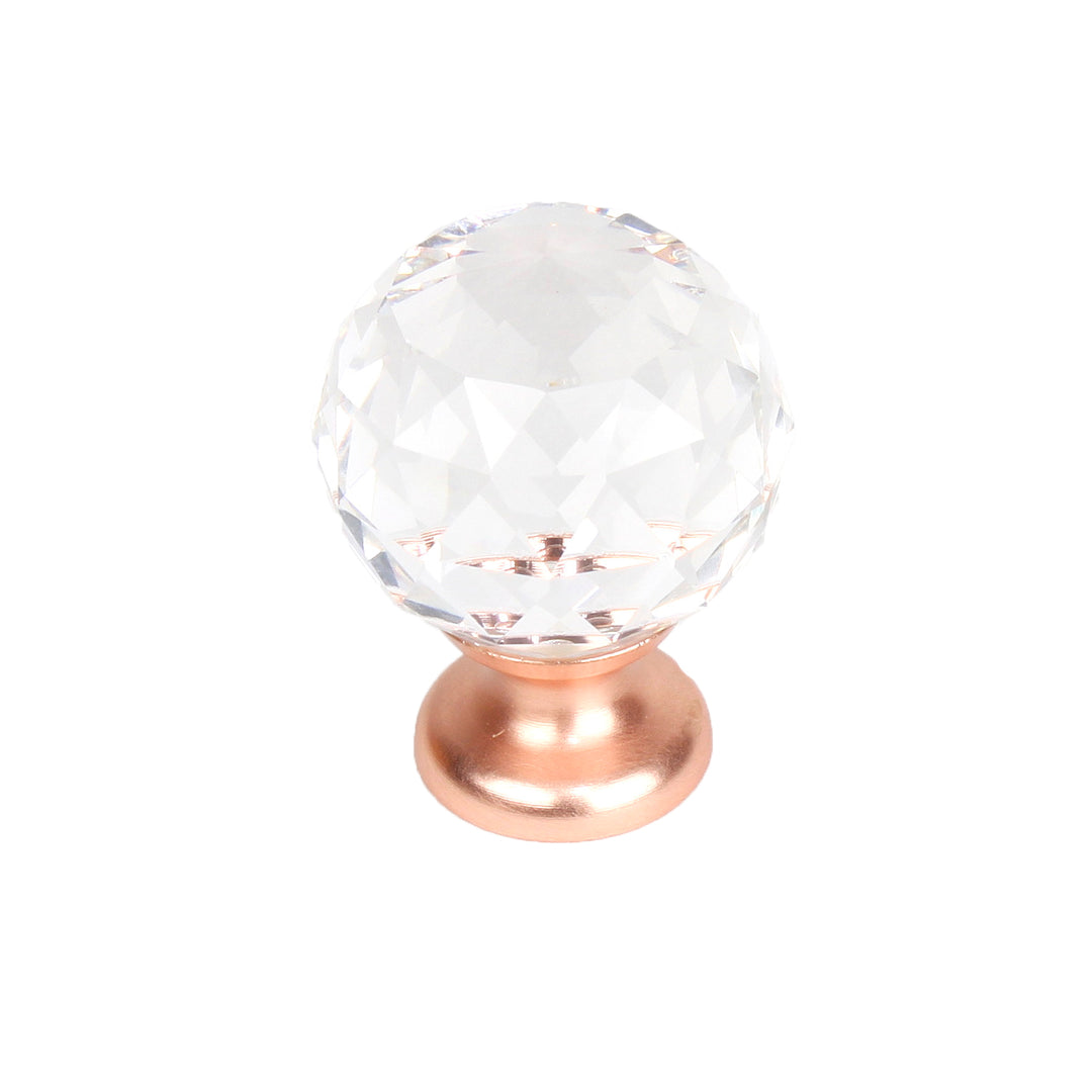 Century Cabinet Hardware Rose Gold - Transparent faceted Knob, 30mm dia, base 20mm dia, Satin Rose Gold - cabinetknobsonline