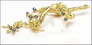 Symphony Designs  Cabinet Pull Floral Branch Pull -Gold Plated with Pearl and Smoked Crystal Right - cabinetknobsonline