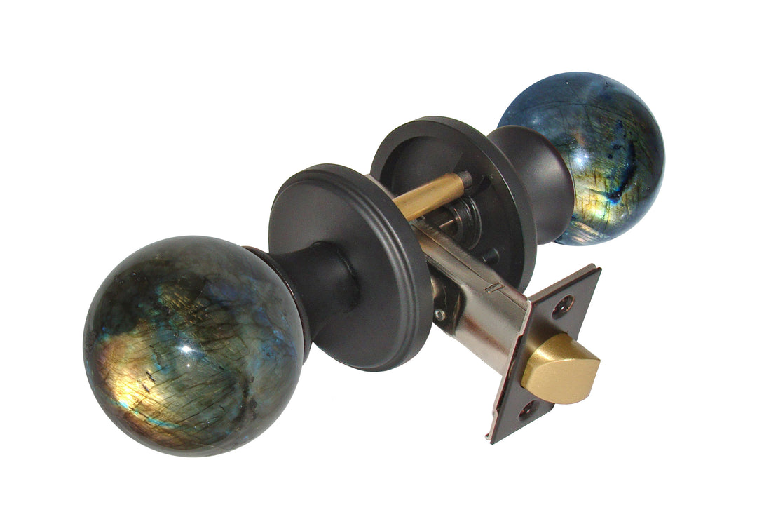 Gemstone Hardware Door Knob Labradorite Matte Black Privacy 2-3-8" backset - cabinetknobsonline