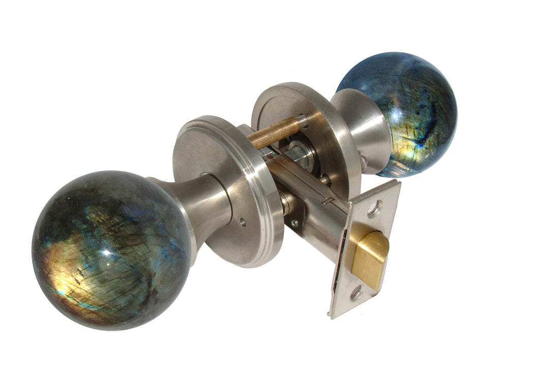 Gemstone Hardware Door Knob Labradorite Satin Stainless Steel Privacy 2-3-8" backset - cabinetknobsonline