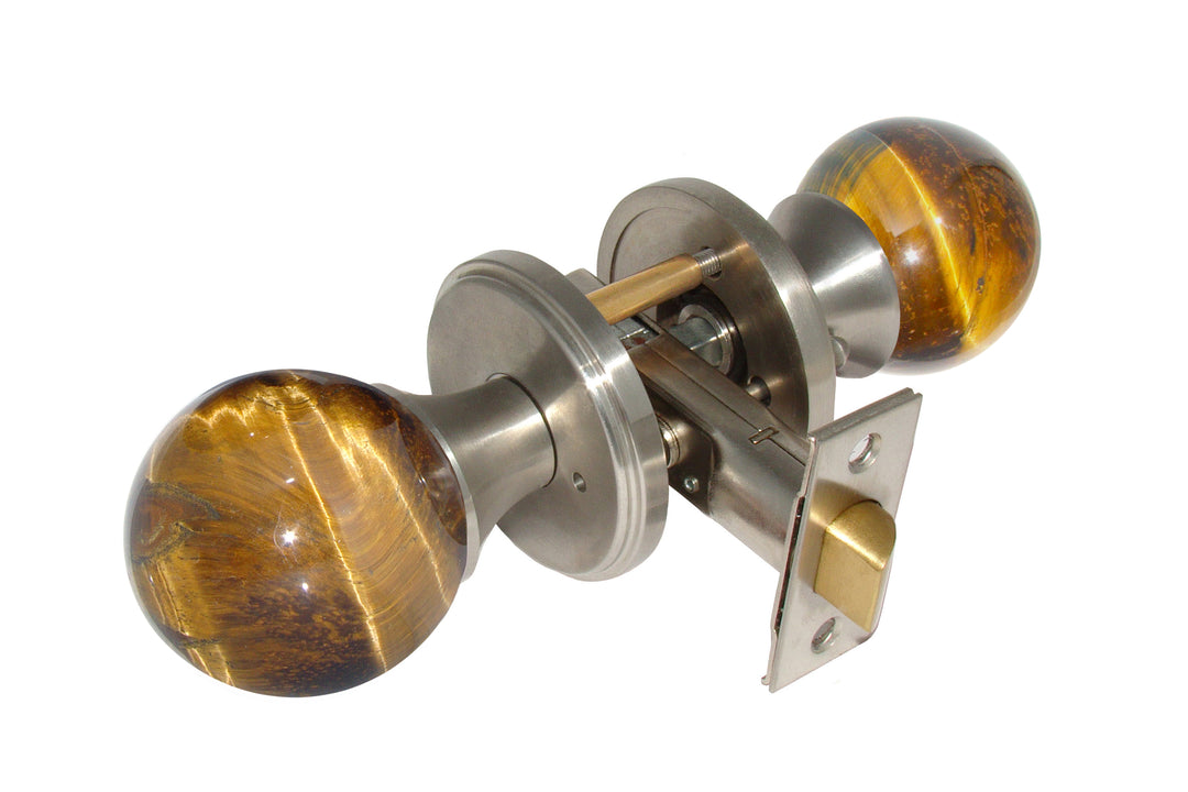 Gemstone Hardware Door Knob Tiger Eye Satin Stainless Steel Privacy 23-4" backset - cabinetknobsonline