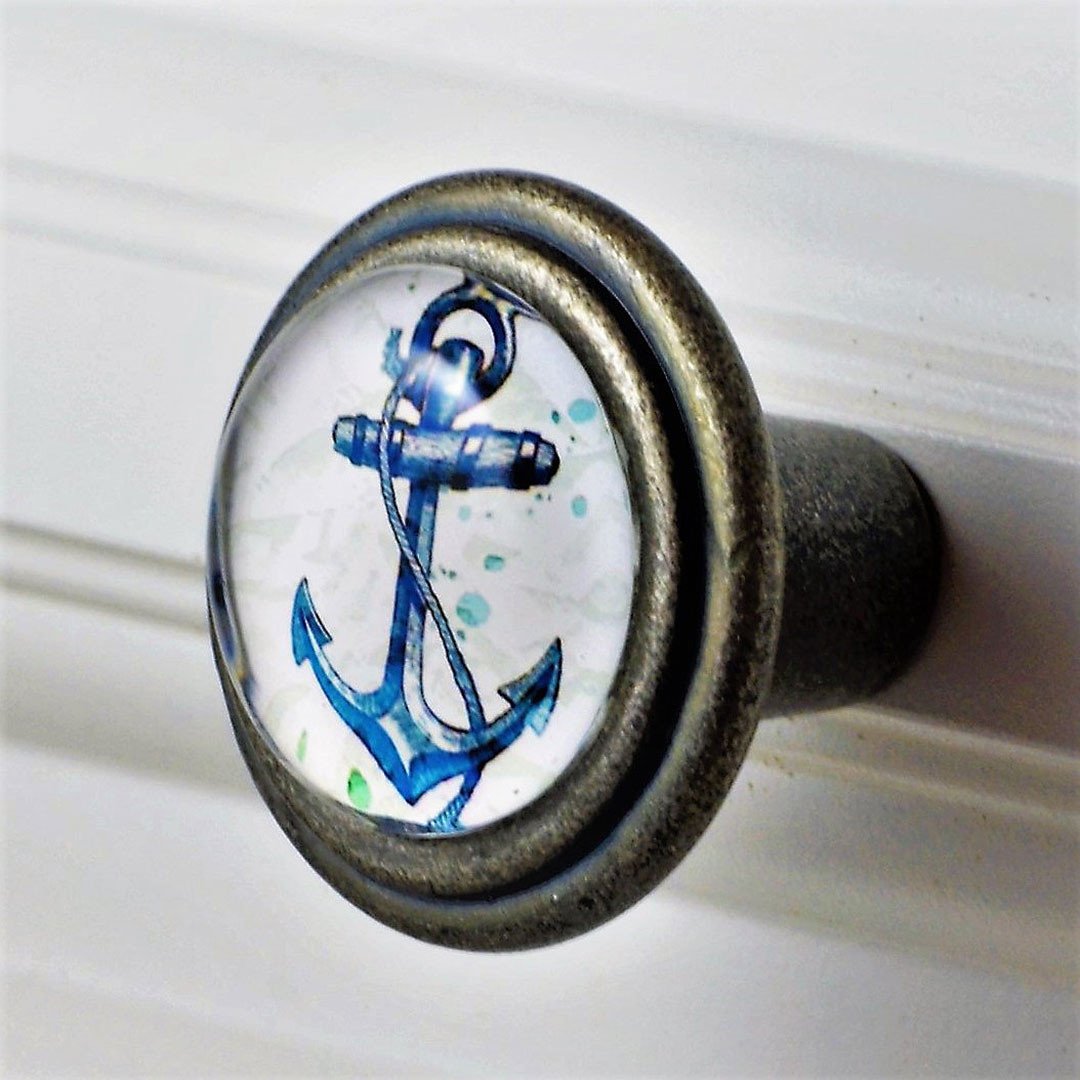 Charleston Knob Company  BLUE AND WHITE SHIPS ANCHOR W-GLASS INLAY BURNISHED SILVER CABINET KNOB - cabinetknobsonline