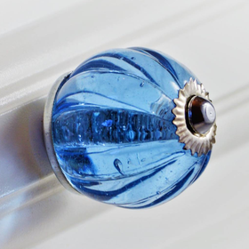 Charleston Knob Company  BLUE CRYSTAL GLASS HANDCRAFTED RIBBED CABINET KNOB - cabinetknobsonline