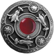 Notting Hill Cabinet Knob Jeweled Lily-Red Carnelian Antique Pewter 1-1-4" diameter - cabinetknobsonline