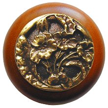 Notting Hill Cabinet Knob Hibiscus-Cherry Antique Brass  1-1-2" diameter - cabinetknobsonline