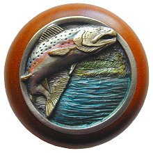 Notting Hill Cabinet Knob Leaping Trout-Cherry Pewter Hand Tinted 1-1-2" diameter - cabinetknobsonline