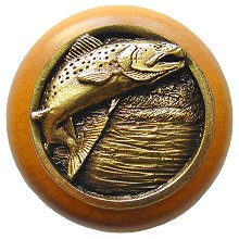 Notting Hill Cabinet Knob Leaping Trout-Maple Antique Brass 1-1-2" diameter - cabinetknobsonline