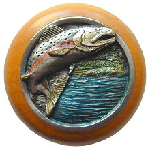 Notting Hill Cabinet Knob Leaping Trout-Maple Pewter Hand Tinted   1-1-2" diameter - cabinetknobsonline