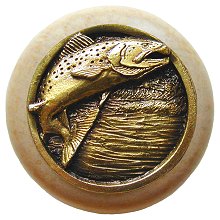Notting Hill Cabinet Knob Leaping Trout-Natural Antique Brass 1-1-2" diameter - cabinetknobsonline