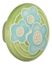 Acorn Manufacturing Ceramic Large Round Lite Green 3 Blue Flowers Cabinet Knob - cabinetknobsonline
