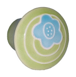 Acorn Manufacturing   Small Round Green w-Blue Flower Cabinet Knob - cabinetknobsonline