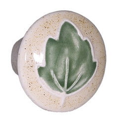 Acorn Manufacturing  Small Round Tan w-Green Leaf Ceramic Cabinet Knob - cabinetknobsonline