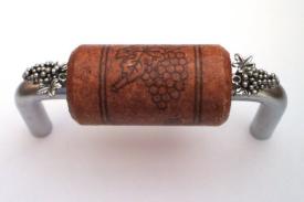 Vine Designs Brushed Chrome Cabinet Handle, mahogany cork, silver grapes accents - cabinetknobsonline