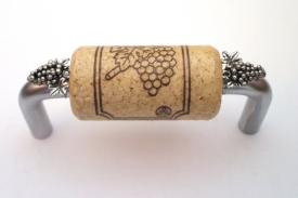 Vine Designs Brushed Chrome Cabinet Handle, natural cork, silver grapes accents - cabinetknobsonline