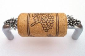 Vine Designs Brushed Chrome Cabinet Handle, oak cork, silver grapes accents - cabinetknobsonline
