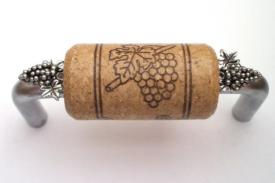 Vine Designs Brushed Chrome Cabinet Handle, walnut cork, silver grapes accents - cabinetknobsonline