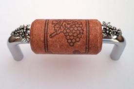 Vine Designs Chrome Cabinet Handle, cherry cork, silver grapes accents - cabinetknobsonline