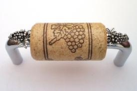 Vine Designs Chrome Cabinet Handle, natural cork, silver grapes accents - cabinetknobsonline
