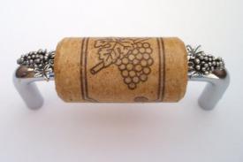 Vine Designs Chrome Cabinet Handle, oak cork, silver grapes accents - cabinetknobsonline