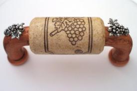 Vine Designs Cherry Cabinet Handle, natural cork, silver grapes accents - cabinetknobsonline