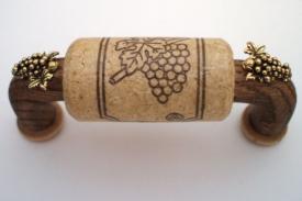 Vine Designs Espresso Cabinet Handle, natural cork, gold grape accents - cabinetknobsonline