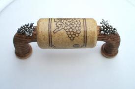 Vine Designs Espresso Cabinet Handle, natural cork, silver grapes accents - cabinetknobsonline