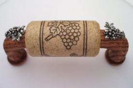 Vine Designs Mahogany Cabinet Handle, natural cork, silver grapes accents - cabinetknobsonline