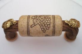 Vine Designs Walnut Cabinet Handle, natural cork, gold barrel accents - cabinetknobsonline