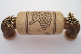 Vine Designs Walnut Cabinet Handle, natural cork, gold grape accents - cabinetknobsonline