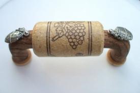 Vine Designs Walnut Cabinet Handle, natural cork, silver barrel accents - cabinetknobsonline
