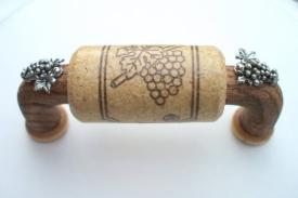 Vine Designs Walnut Cabinet Handle, natural cork, silver grapes accents - cabinetknobsonline