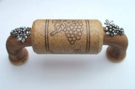 Vine Designs Walnut Cabinet Handle, matching cork, silver grapes accents - cabinetknobsonline