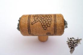Vine Designs Oak Stem Cabinet knob, matching cork, silver grapes accents - cabinetknobsonline