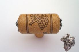 Vine Designs Oak Stem Cabinet knob, matching cork, silver leaf accents - cabinetknobsonline