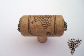 Vine Designs Walnut Stem Cabinet knob, matching cork, silver grapes accents - cabinetknobsonline